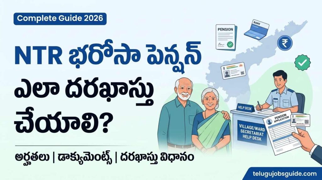 NTR భరోసా పెన్షన్ ఎలా దరఖాస్తు చేయాలి? Featured image showing an elderly couple, Village/Ward Secretariat help desk, Aadhaar card, pension application form, Andhra Pradesh map, and application process guide for 2026.