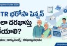 NTR భరోసా పెన్షన్ ఎలా దరఖాస్తు చేయాలి? Featured image showing an elderly couple, Village/Ward Secretariat help desk, Aadhaar card, pension application form, Andhra Pradesh map, and application process guide for 2026.