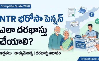 NTR భరోసా పెన్షన్ ఎలా దరఖాస్తు చేయాలి? Featured image showing an elderly couple, Village/Ward Secretariat help desk, Aadhaar card, pension application form, Andhra Pradesh map, and application process guide for 2026.