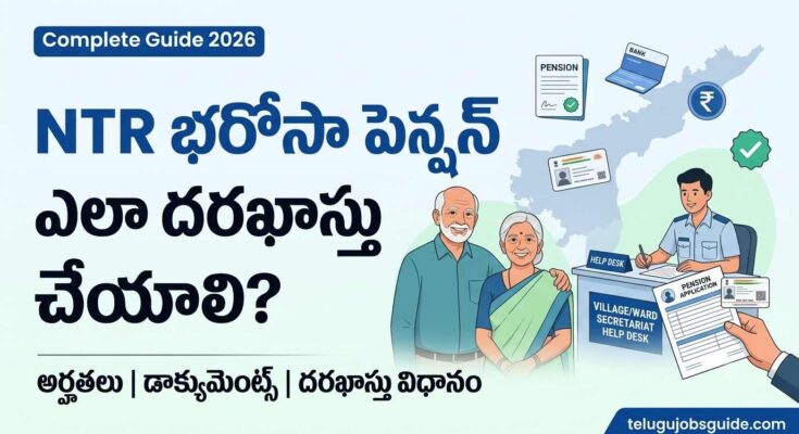 NTR భరోసా పెన్షన్ ఎలా దరఖాస్తు చేయాలి? Featured image showing an elderly couple, Village/Ward Secretariat help desk, Aadhaar card, pension application form, Andhra Pradesh map, and application process guide for 2026.