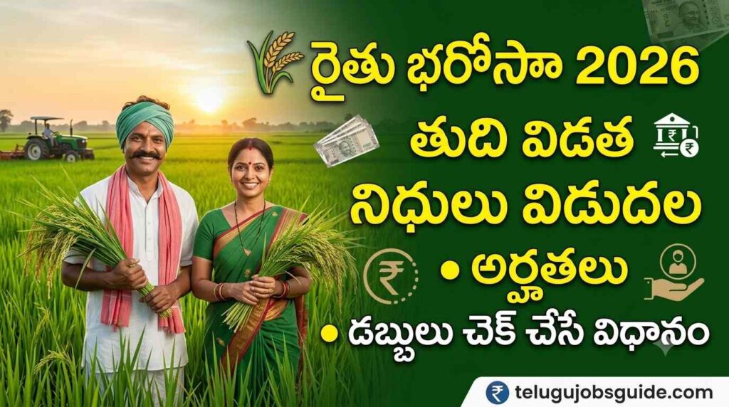 Rythu Bharosa 2026 featured image showing happy Telangana farmers standing in a green paddy field with the Telugu text "రైతు భరోసా 2026 తుది విడత నిధులు విడుదల", along with agriculture, DBT payment, eligibility icons, and telugujobsguide.com branding.