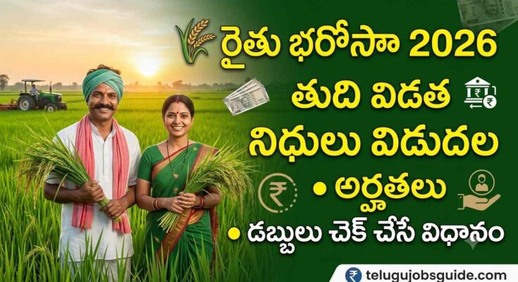 Rythu Bharosa 2026 featured image showing happy Telangana farmers standing in a green paddy field with the Telugu text "రైతు భరోసా 2026 తుది విడత నిధులు విడుదల", along with agriculture, DBT payment, eligibility icons, and telugujobsguide.com branding.