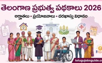 Telangana Government Schemes 2026 featured image showing beneficiaries including women, farmers, students, senior citizens, persons with disabilities, and youth in front of the Telangana Secretariat with the Telugu title "తెలంగాణ ప్రభుత్వ పథకాలు 2026" and TeluguJobsGuide branding.